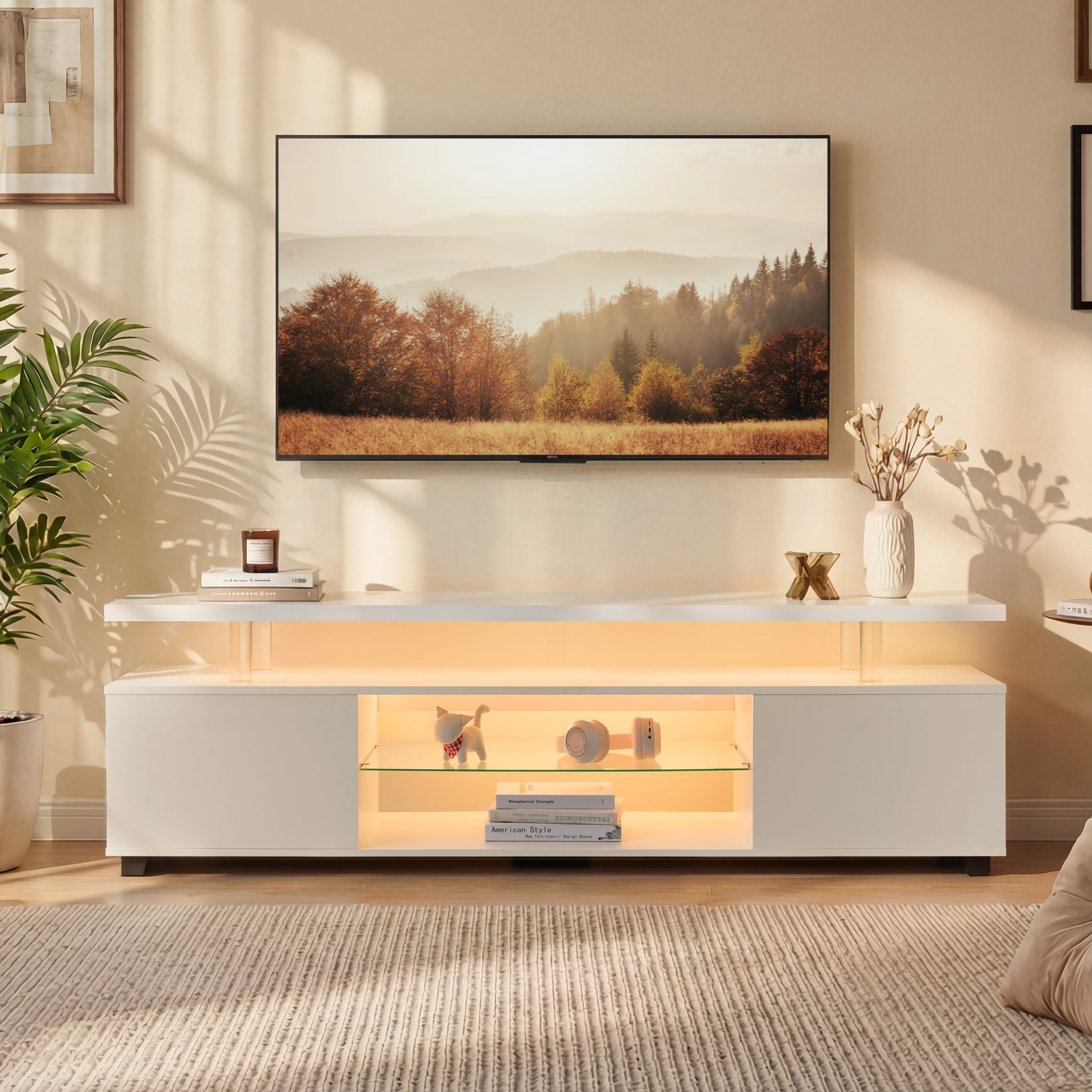 White Engineered Wood TV Console with Storage for Living Room