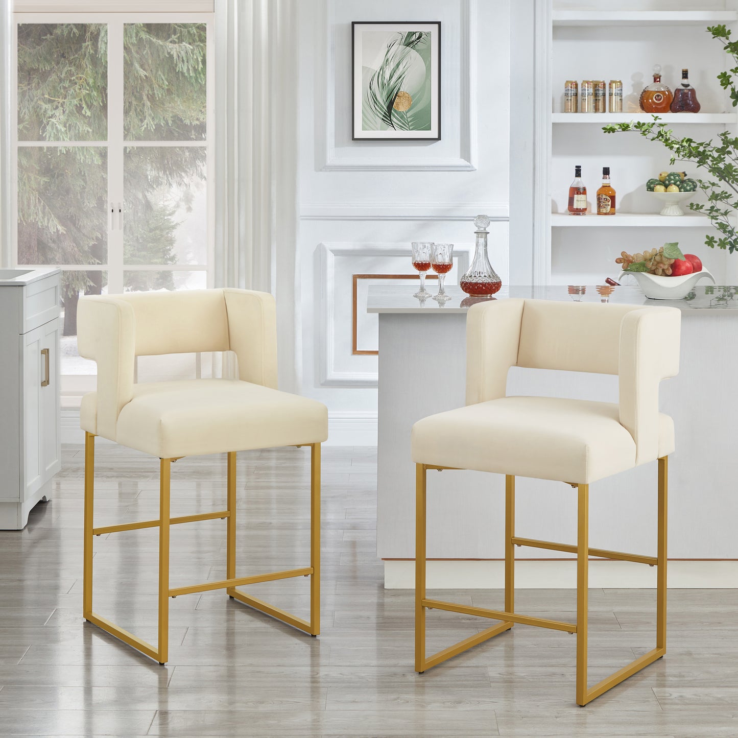 Modern Fashion Counter Height Bar Stools with Unique Square Open Backrest, Set of 2 Versatile Bar Chairs with  Sturdy Iron Legs, 26" H Counter Height Chairs for kitchen islands, Cream /Gold