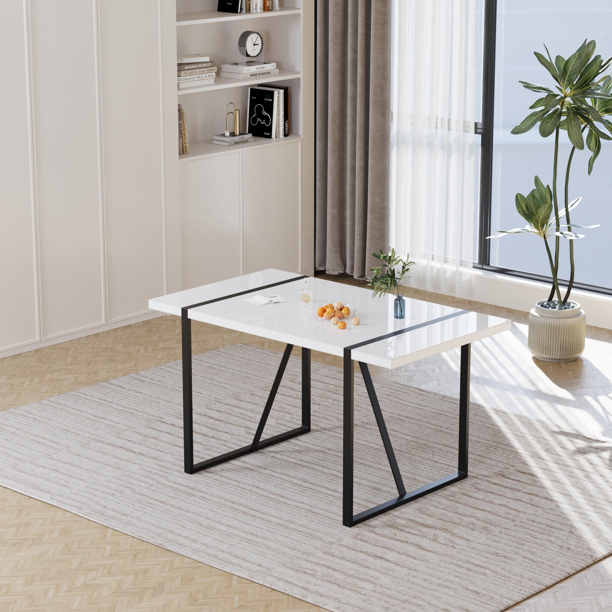55 " modern rural industrial rectangular MDF white dining table, suitable for 4-6 people, equipped with black rectangular metal legs, used for home & kitchen
