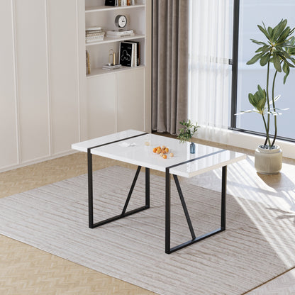 55 " modern rural industrial rectangular MDF white dining table, suitable for 4-6 people, equipped with black rectangular metal legs, used for home & kitchen