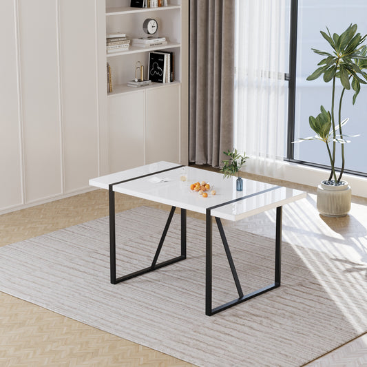 55 " modern rural industrial rectangular MDF white dining table, suitable for 4-6 people, equipped with black rectangular metal legs, used for home & kitchen