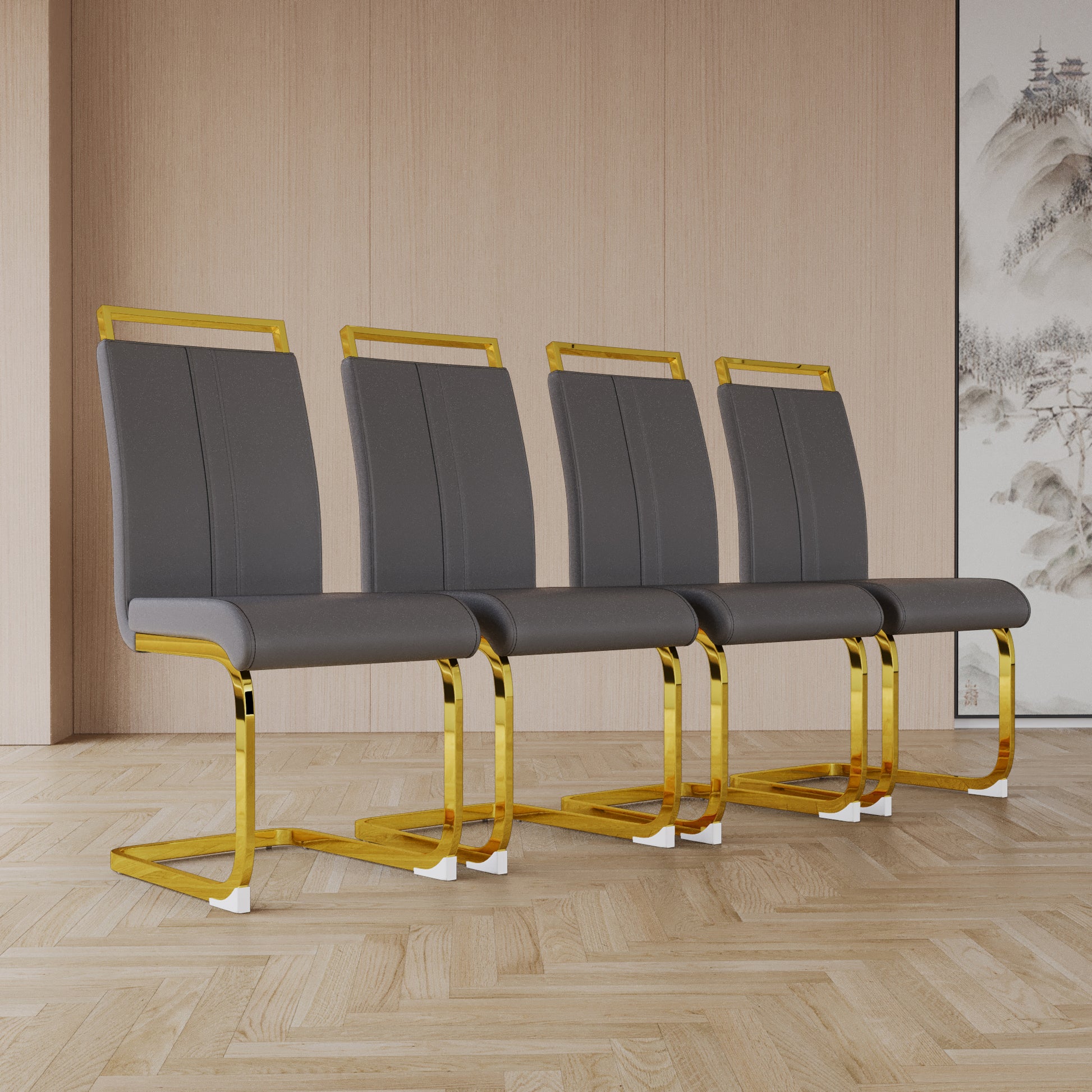 Modern Dining Chairs,PU Faux Leather High Back Upholstered Side Chair with C-shaped Tube. Plating Golden Metal Legs for Dining Room Kitchen Vanity Patio Club Guest Office Chair (Set of 4) (Grey+PU)