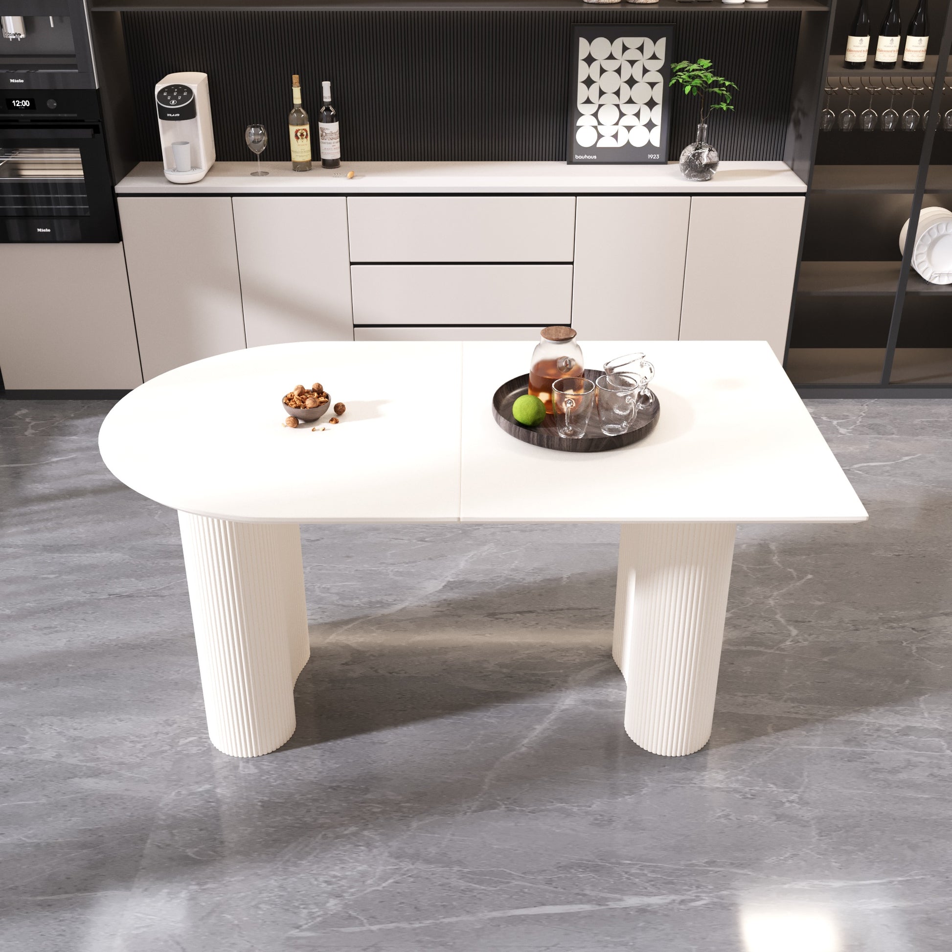 63 "Modern MDF New Cream Style Dining Table and Irregular Side Table, 4-8 Person Dining Table, Thick Engineering Wood Round Wave Table Legs, Home Kitchen Thick Elegant Cream White Assembly Table Top