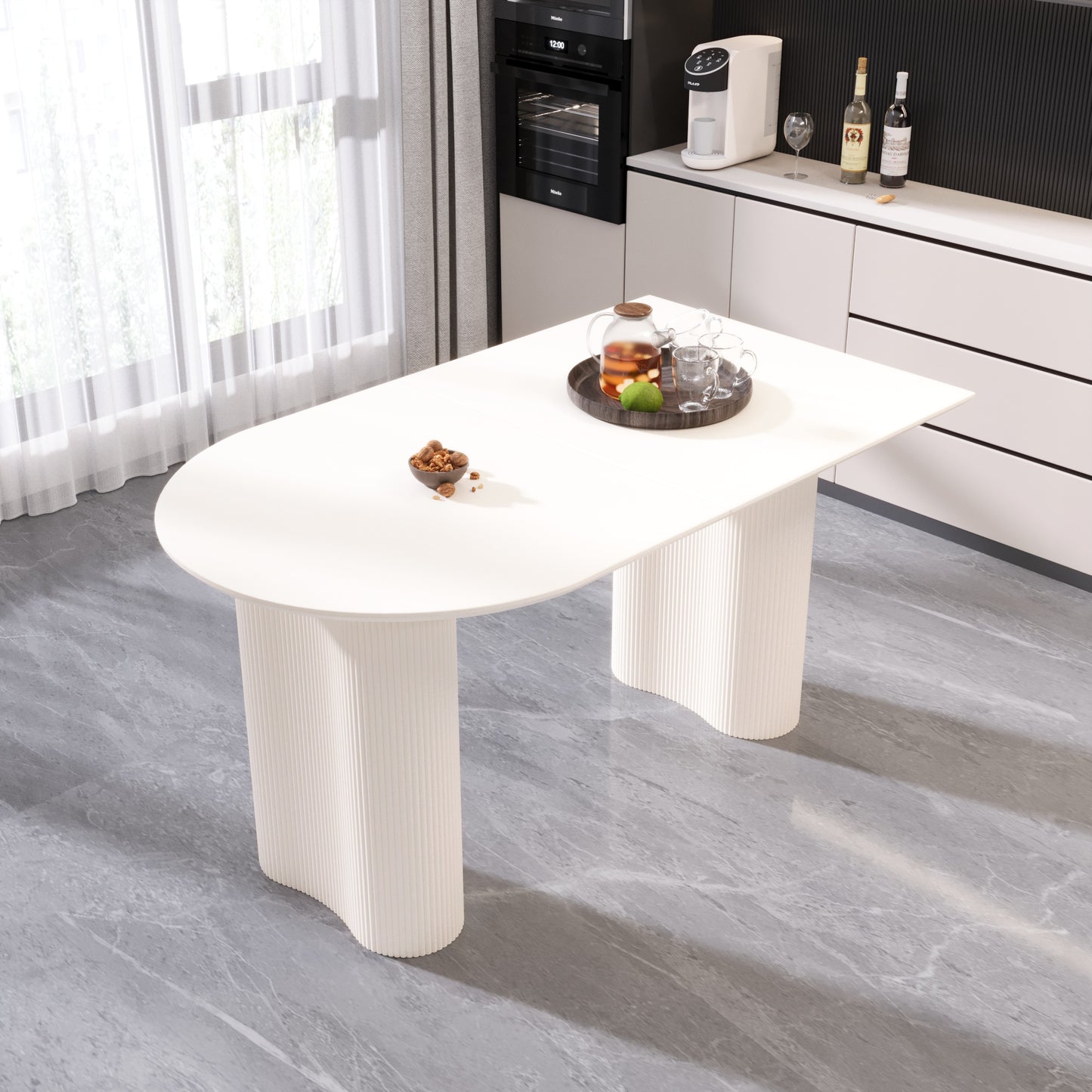 Cream White MDF Dining Table - 63" Round Table for 4-8 People