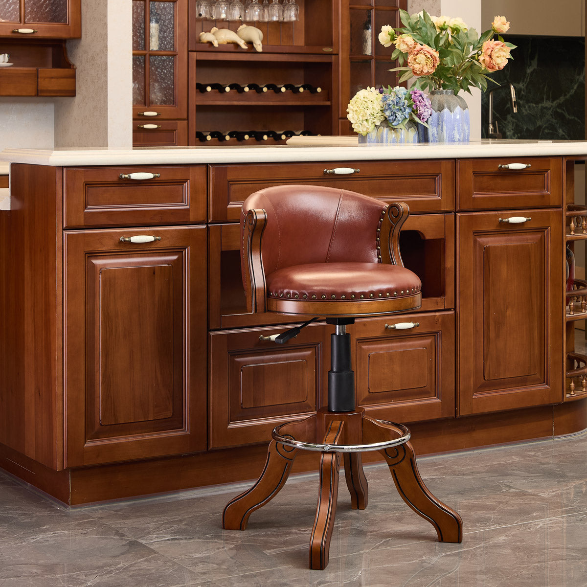 Adjustabel height Cow top Leather Wooden Bar Stools, 360 Degree Swivel Bar Chair with Backs,Bar height Couner Height Barstools  for Home Kitchen Dining Room and Bar Room(brown 1pc)