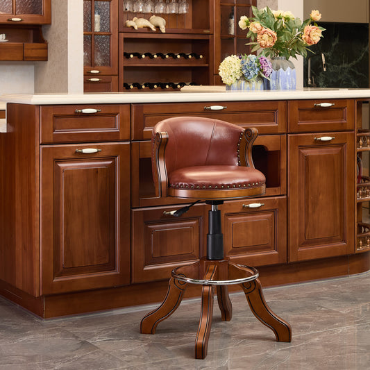 Adjustabel height Cow top Leather Wooden Bar Stools, 360 Degree Swivel Bar Chair with Backs,Bar height Couner Height Barstools  for Home Kitchen Dining Room and Bar Room(brown 1pc)