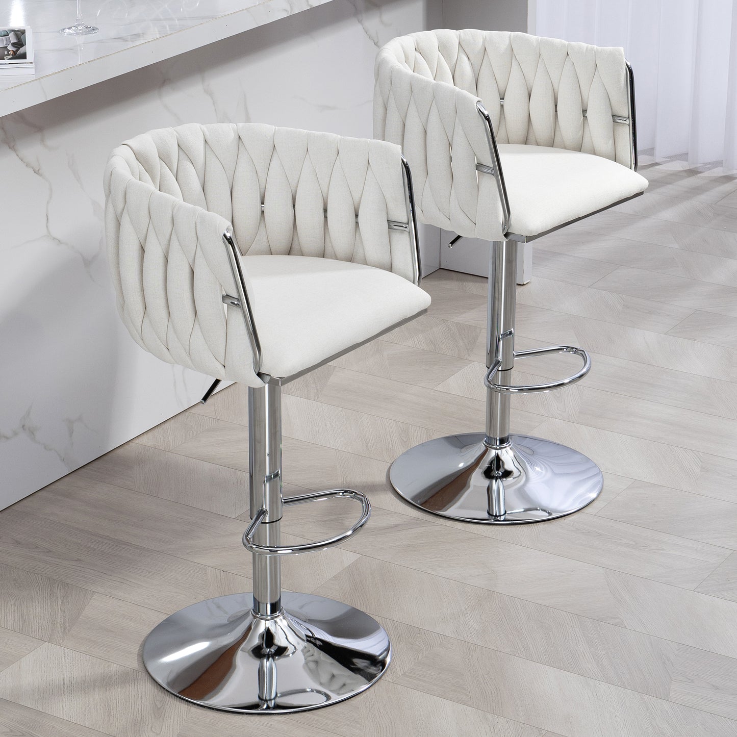 Beige Fabric Bar Stools Set of 2 - Adjustable Height Kitchen Bar Chairs