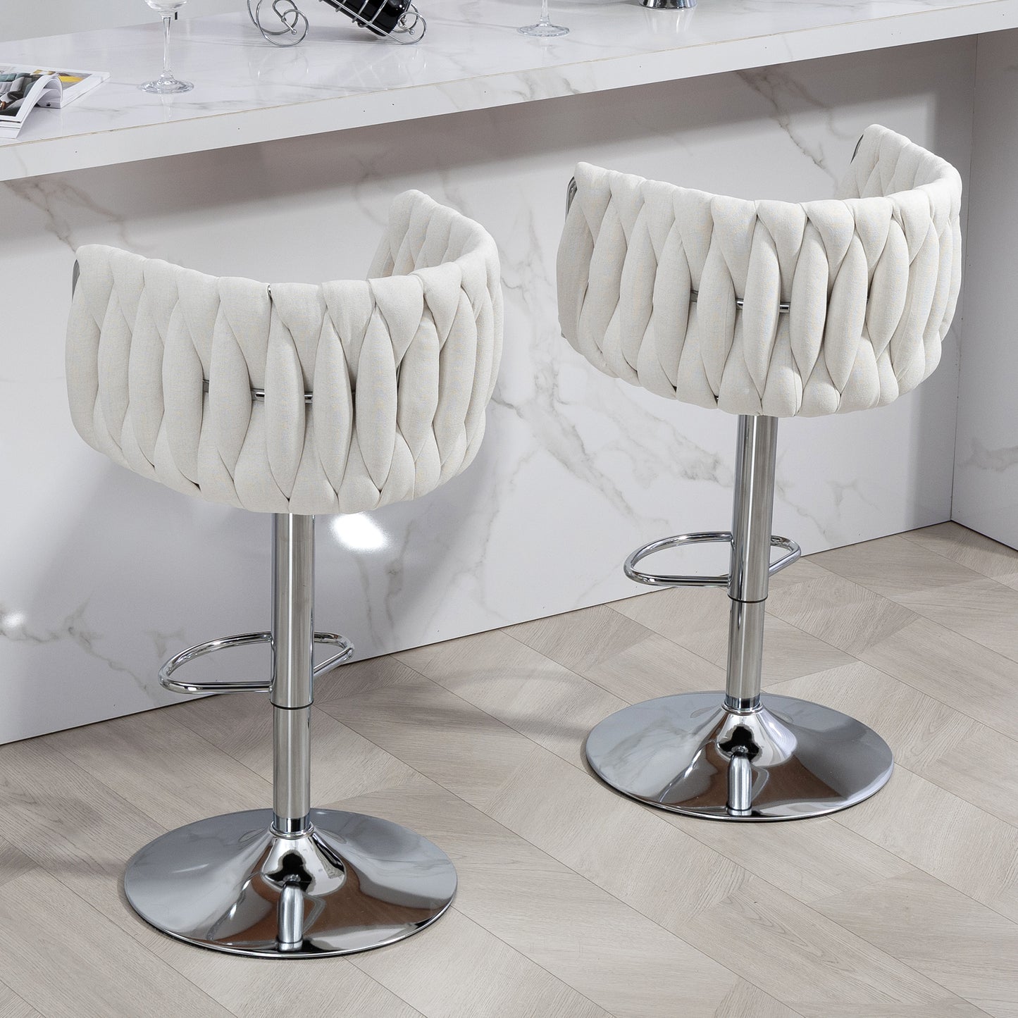 Beige Fabric Bar Stools Set of 2 - Adjustable Height Kitchen Bar Chairs