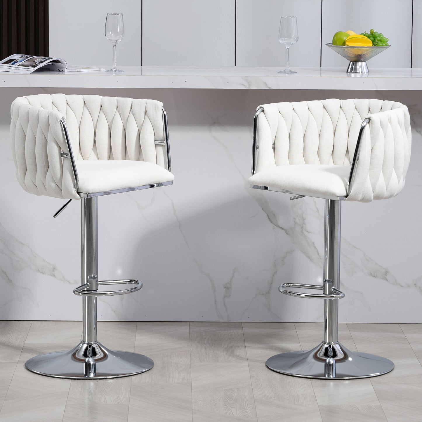 Beige Fabric Bar Stools Set of 2 - Adjustable Height Kitchen Bar Chairs