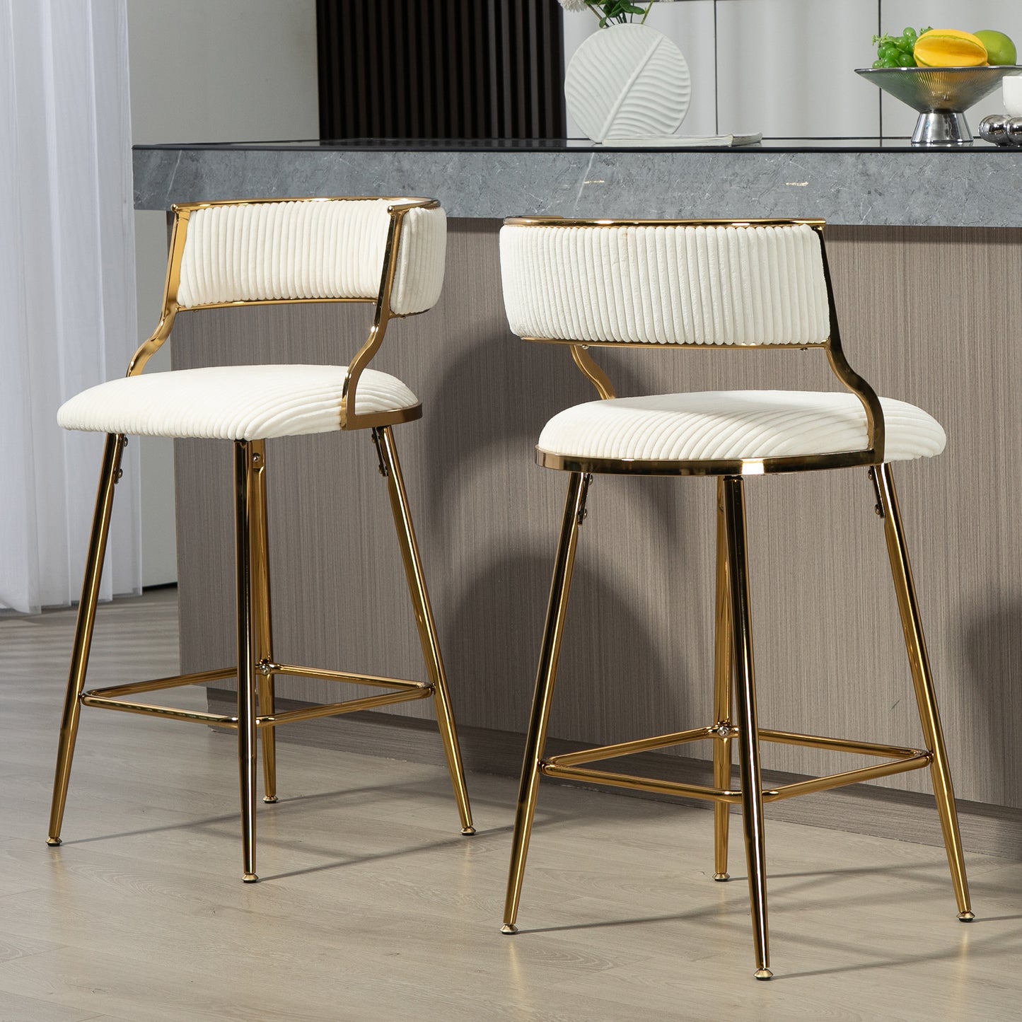 2 Corduroy Bar Stools - Beige Kitchen Counter Height Seats