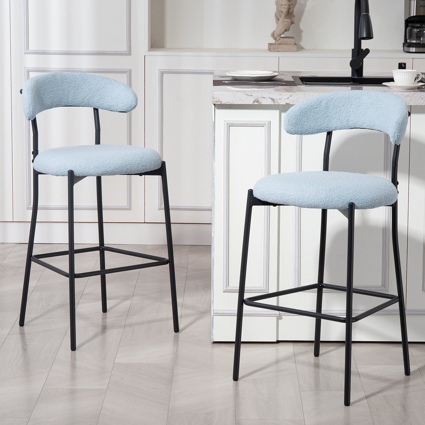 26'' Counter height bar stools Teddy fabric cover kitchen island counter bar stool with black powder coating base and footrest(BLUE)