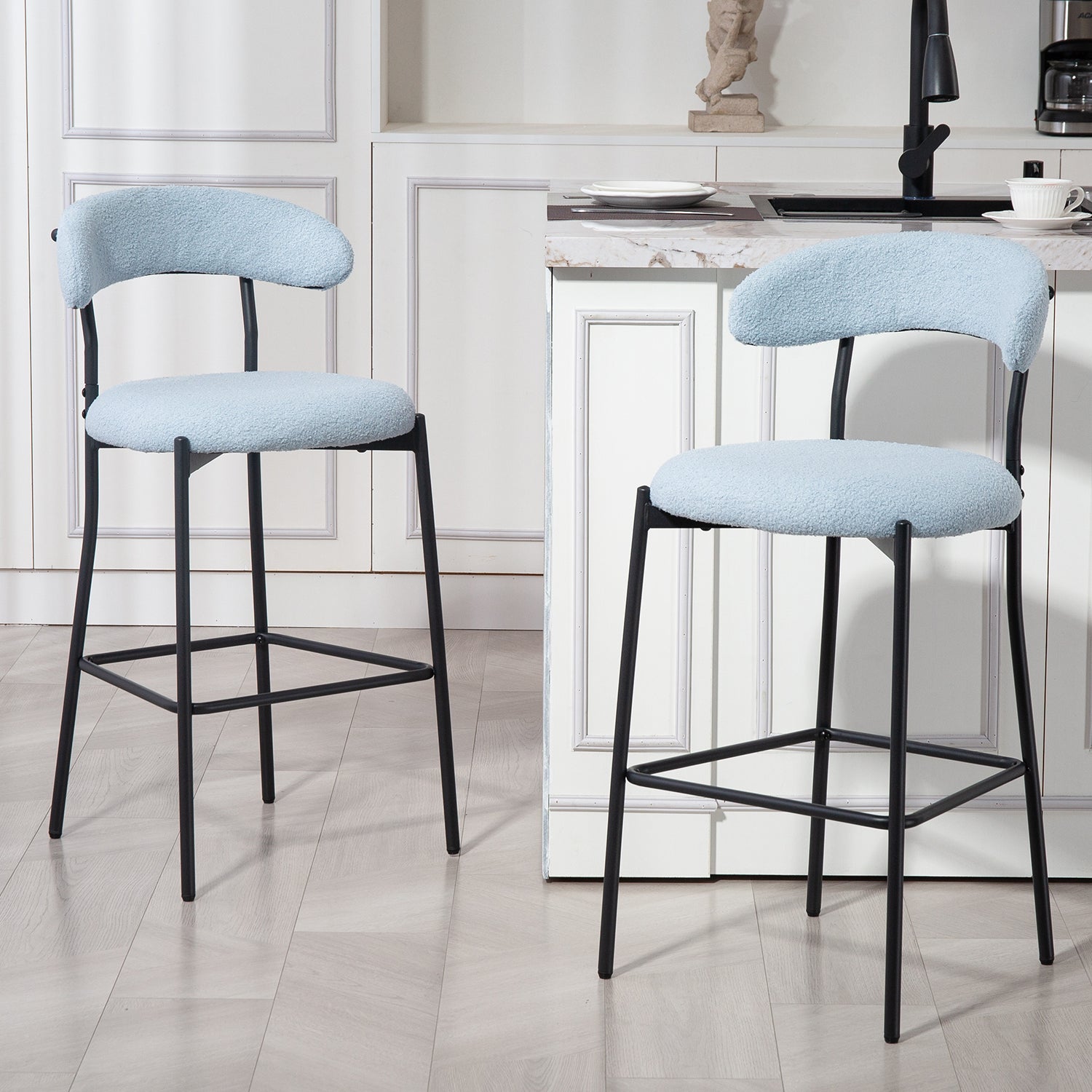 26'' Counter height bar stools Teddy fabric cover kitchen island counter bar stool with black powder coating base and footrest(BLUE)