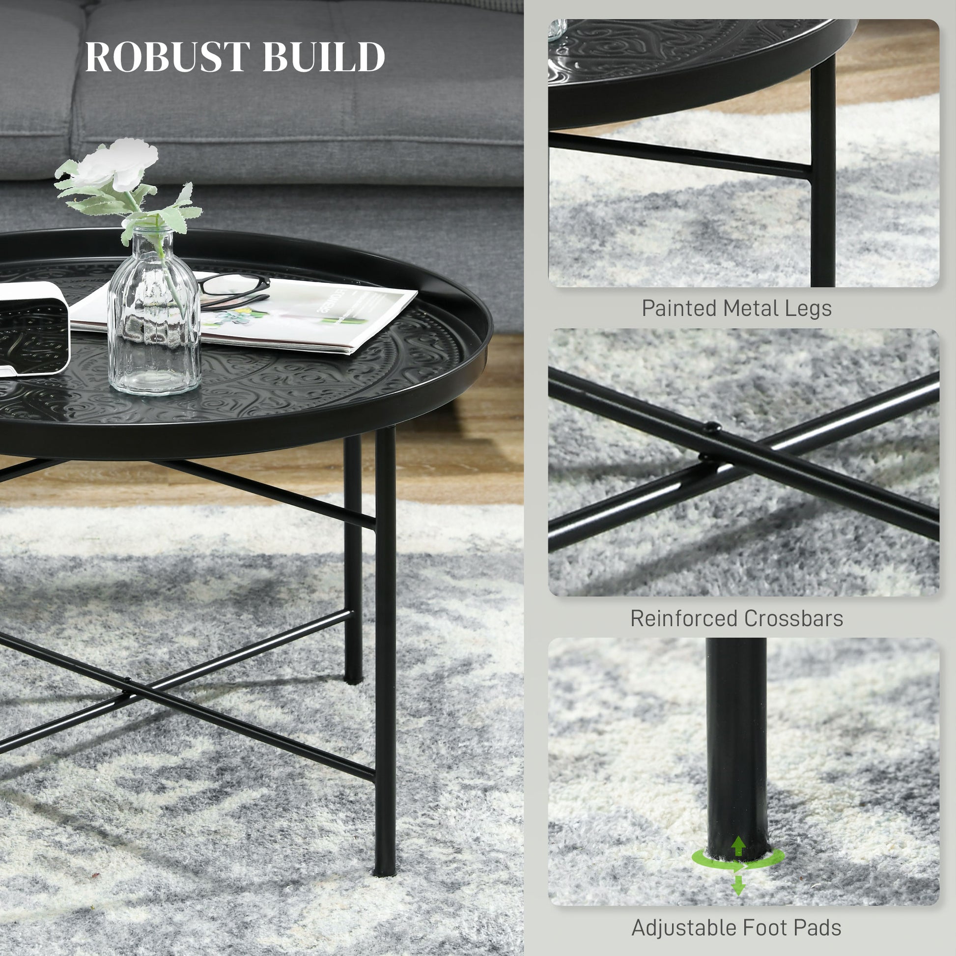 HOMCOM 24" Round Coffee Table - Black Metal, Perfect for Living Room