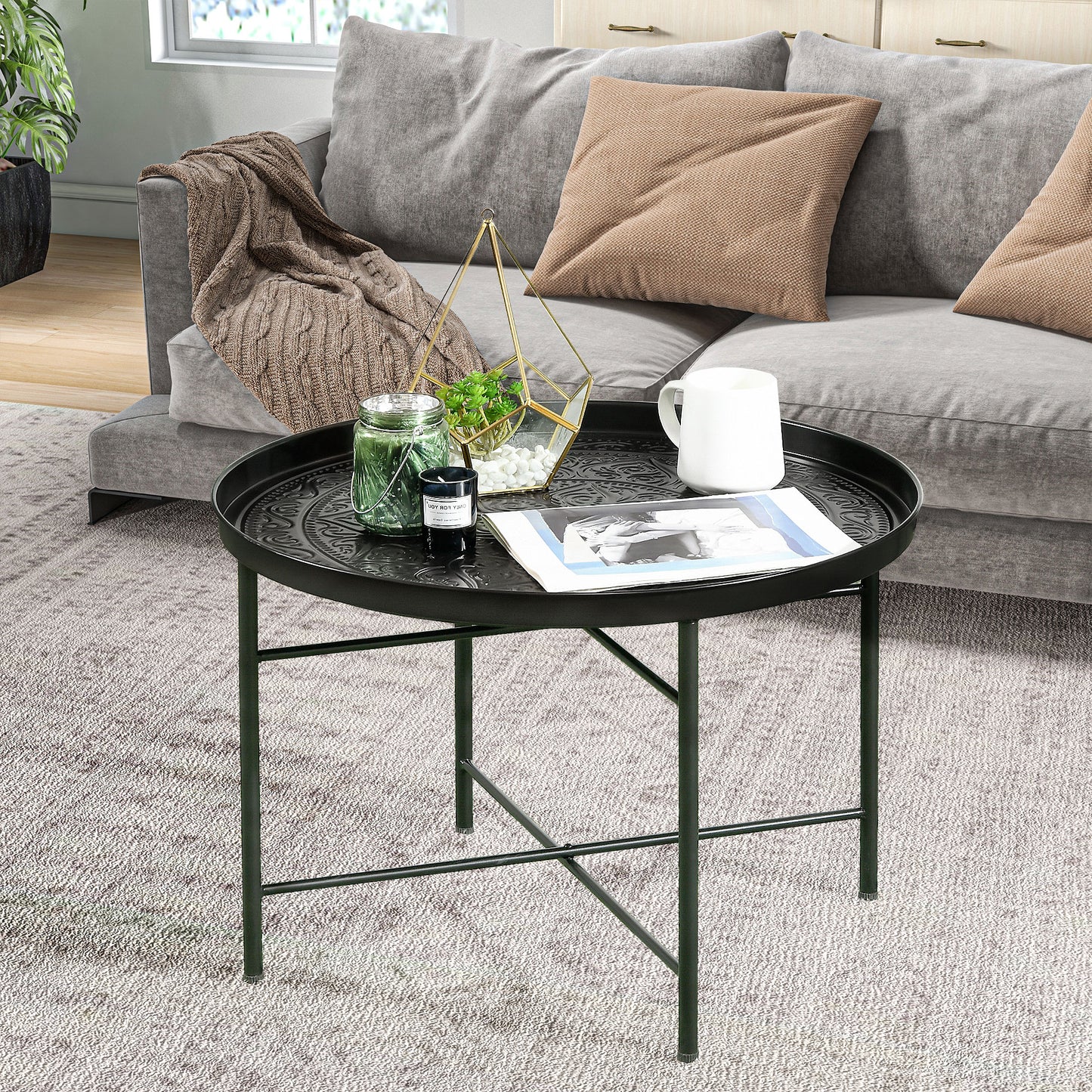 HOMCOM 24" Round Coffee Table - Black Metal, Perfect for Living Room