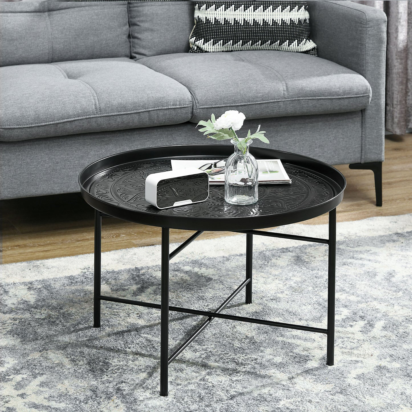 HOMCOM 24" Round Coffee Table - Black Metal, Perfect for Living Room