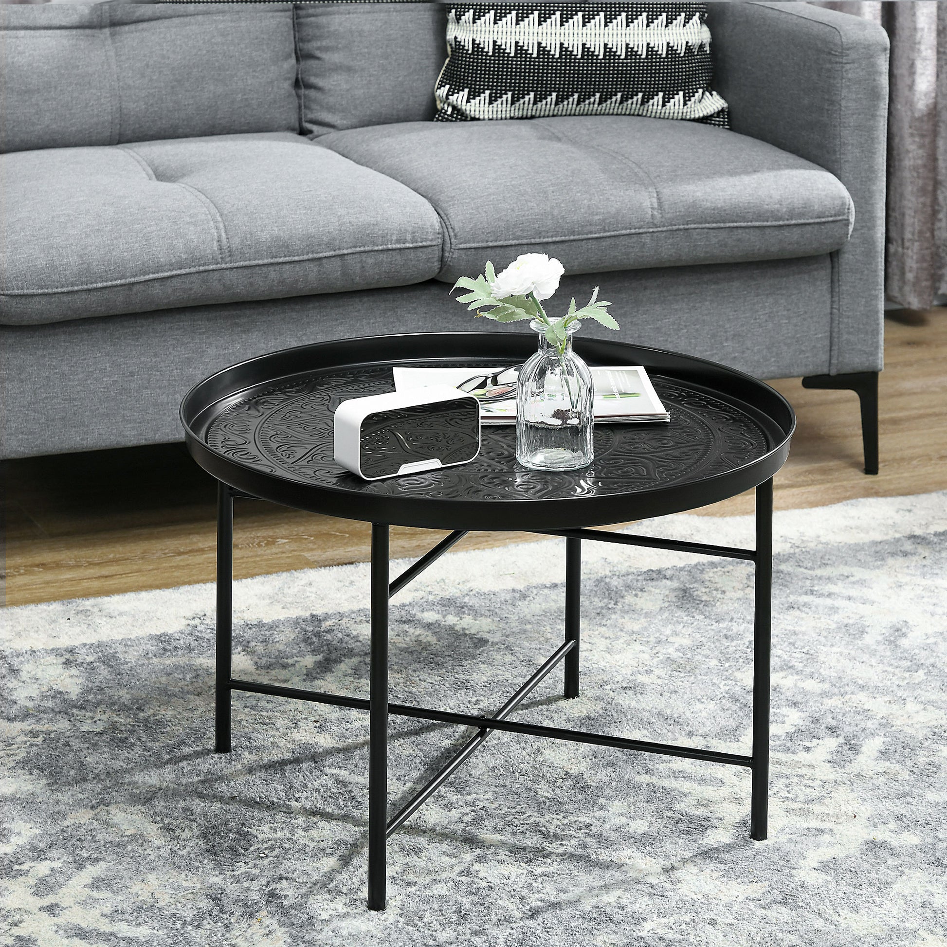 HOMCOM 24" Round Coffee Table - Black Metal, Perfect for Living Room