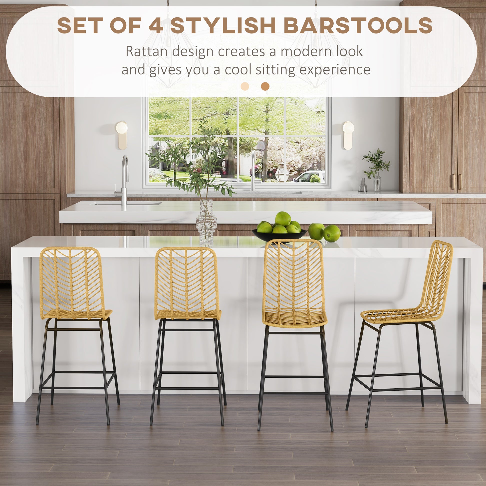 Yellow Rattan Kitchen Bar Stools - Set of 4