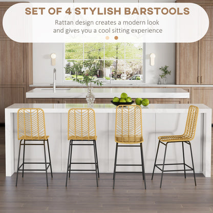 Yellow Rattan Kitchen Bar Stools - Set of 4