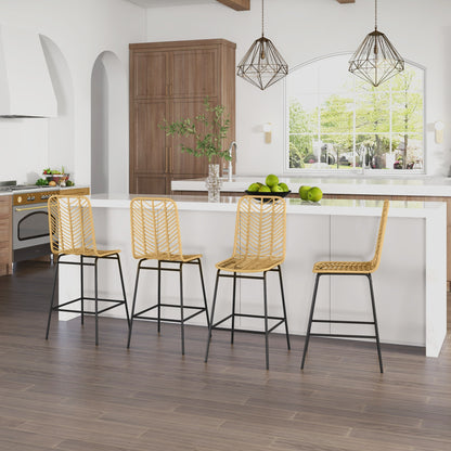 Yellow Rattan Kitchen Bar Stools - Set of 4