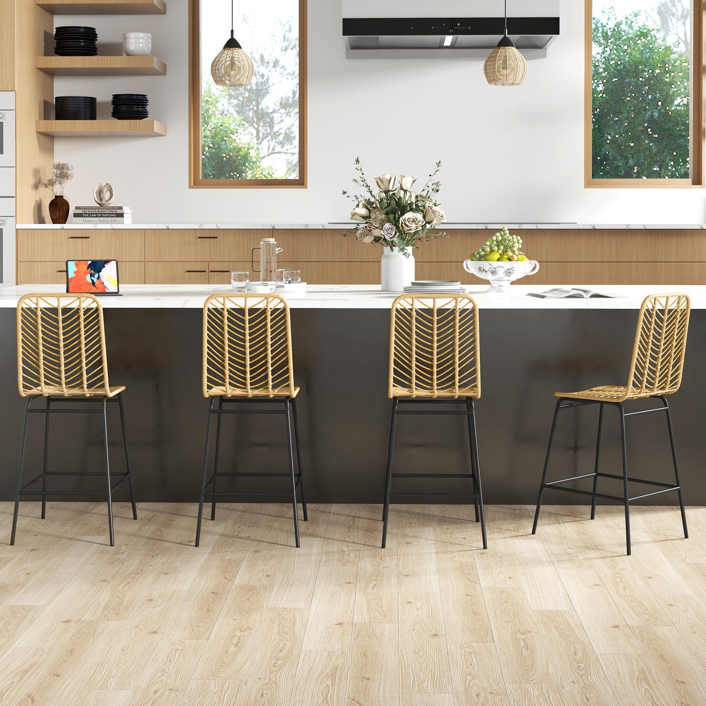Yellow Rattan Kitchen Bar Stools - Set of 4