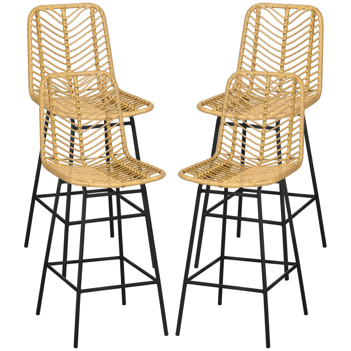 Yellow Rattan Kitchen Bar Stools - Set of 4