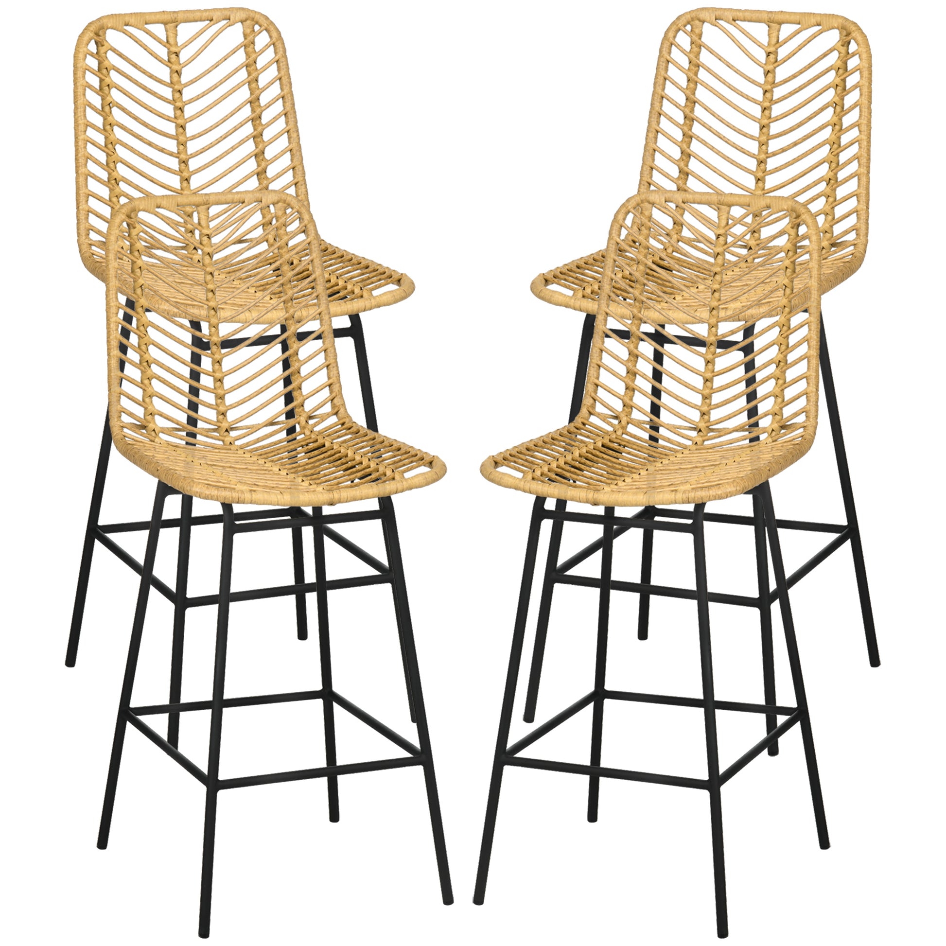 Yellow Rattan Kitchen Bar Stools - Set of 4