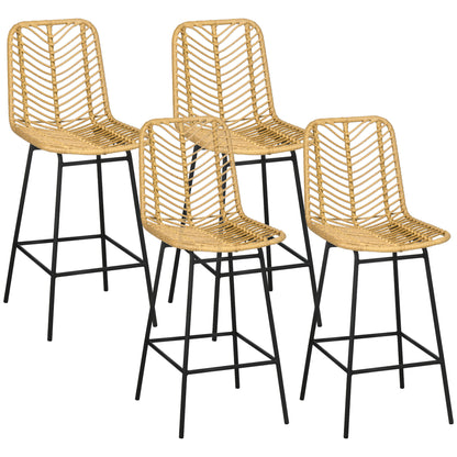 HOMCOM Rattan Bar Stools Set of 4, 26" Counter Height Barstools, Boho Kitchen Island Stools with Breathable Wicker Seat and Back, Yellow