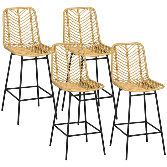 HOMCOM Rattan Bar Stools Set of 4, 26" Counter Height Barstools, Boho Kitchen Island Stools with Breathable Wicker Seat and Back, Yellow