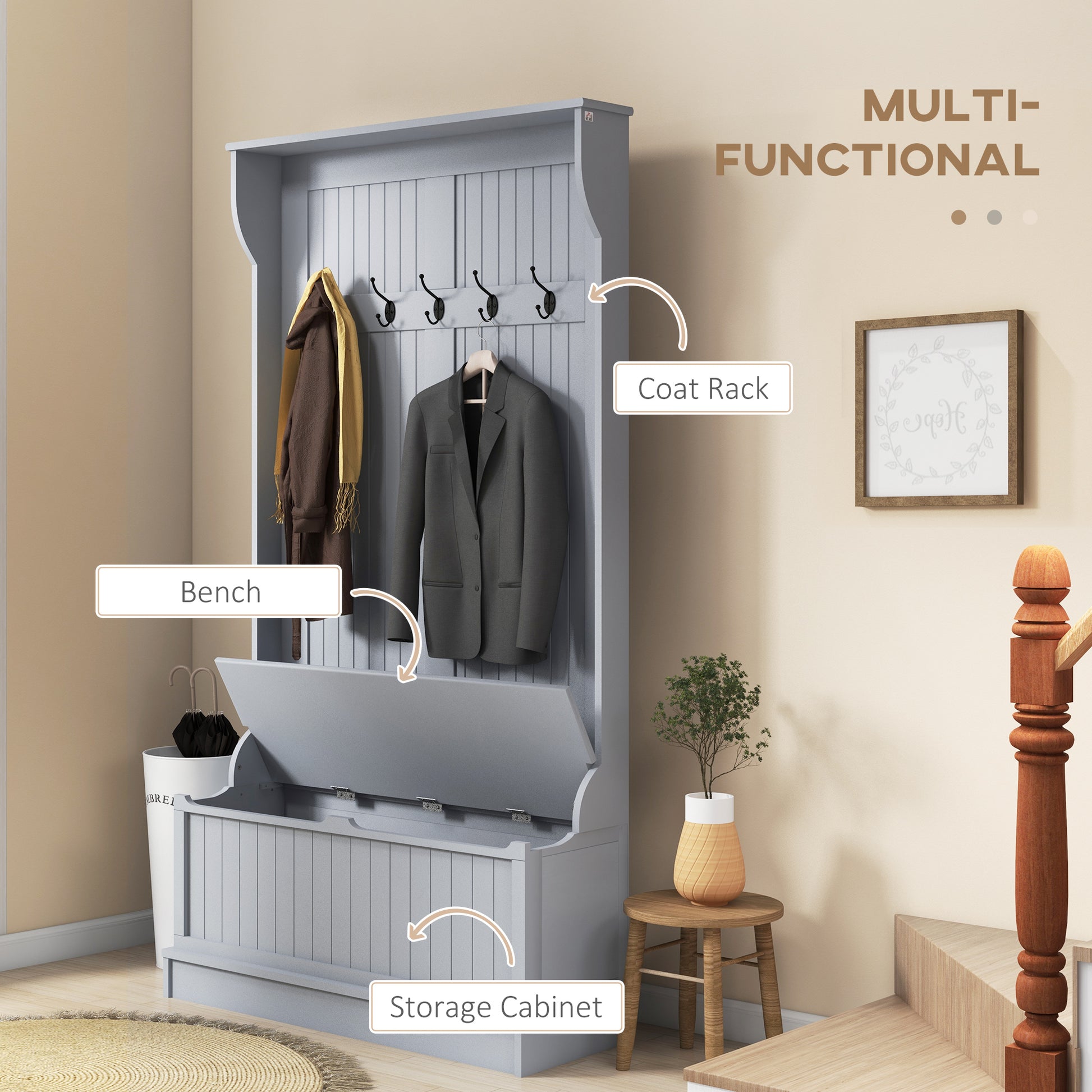 3-in-1 Entryway Hall Tree - Gray MDF Storage Bench with Hooks