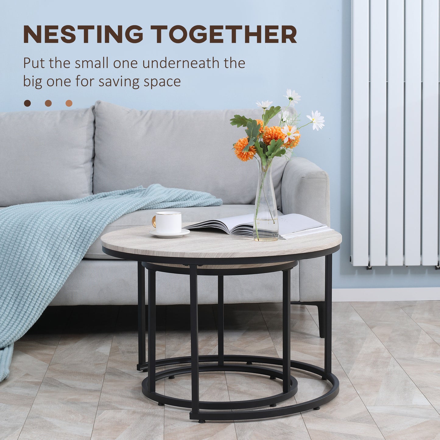 Nesting Grey Coffee Table Set - 2 Tables MDF Metal Frame for Dining Room