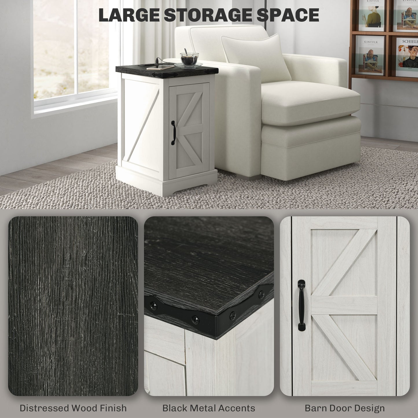 White Farmhouse Side Table with Charging Station