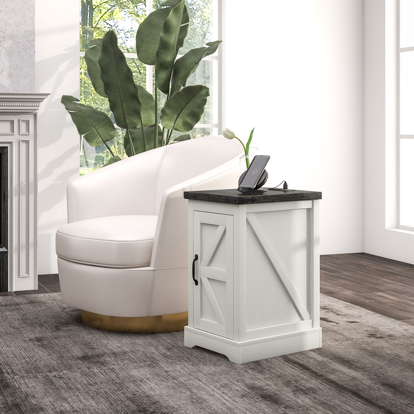 White Farmhouse Side Table with Charging Station