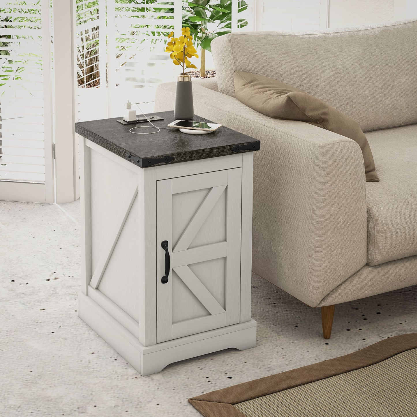 White Farmhouse Side Table with Charging Station