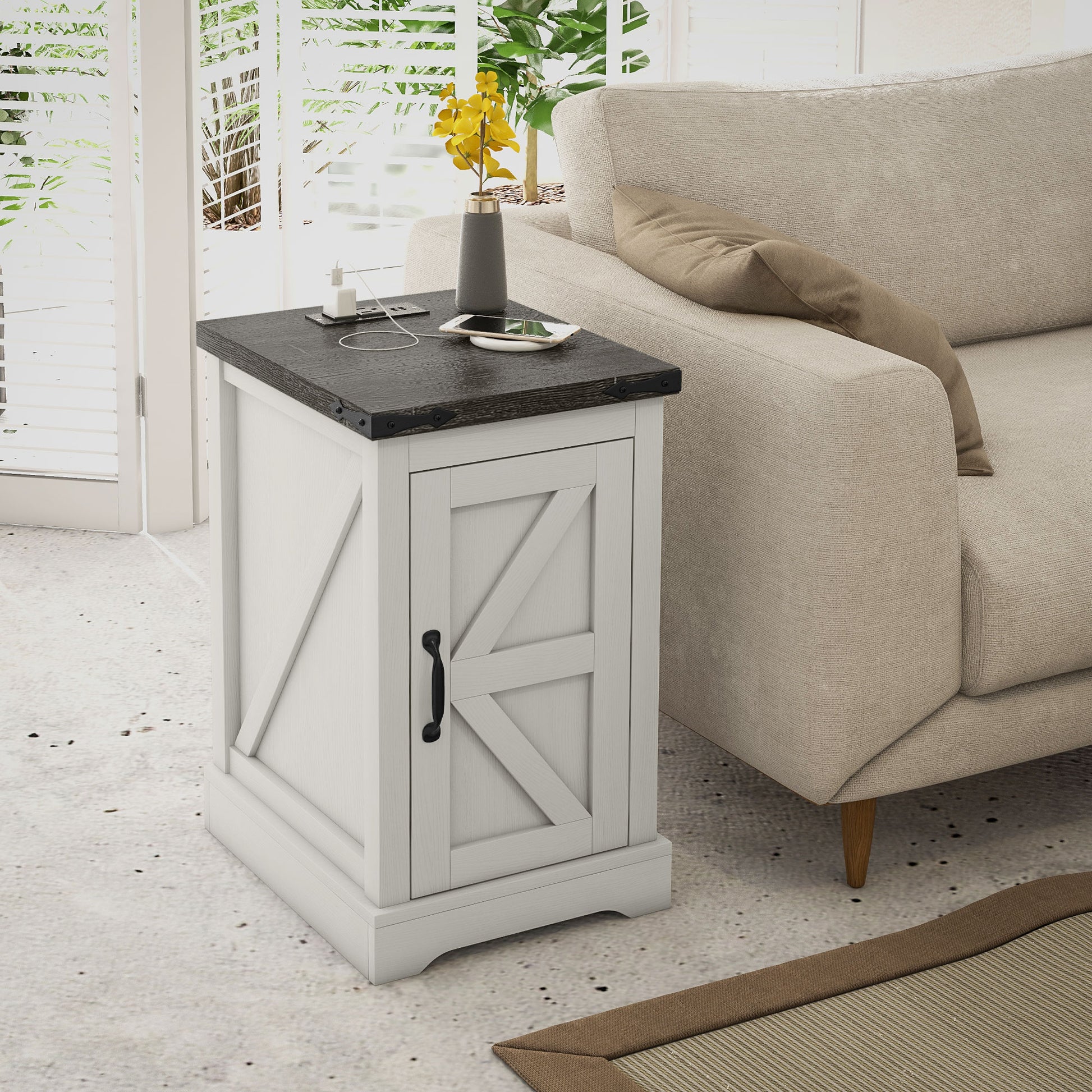 White Farmhouse Side Table with Charging Station