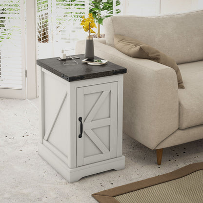 White Farmhouse Side Table with Charging Station