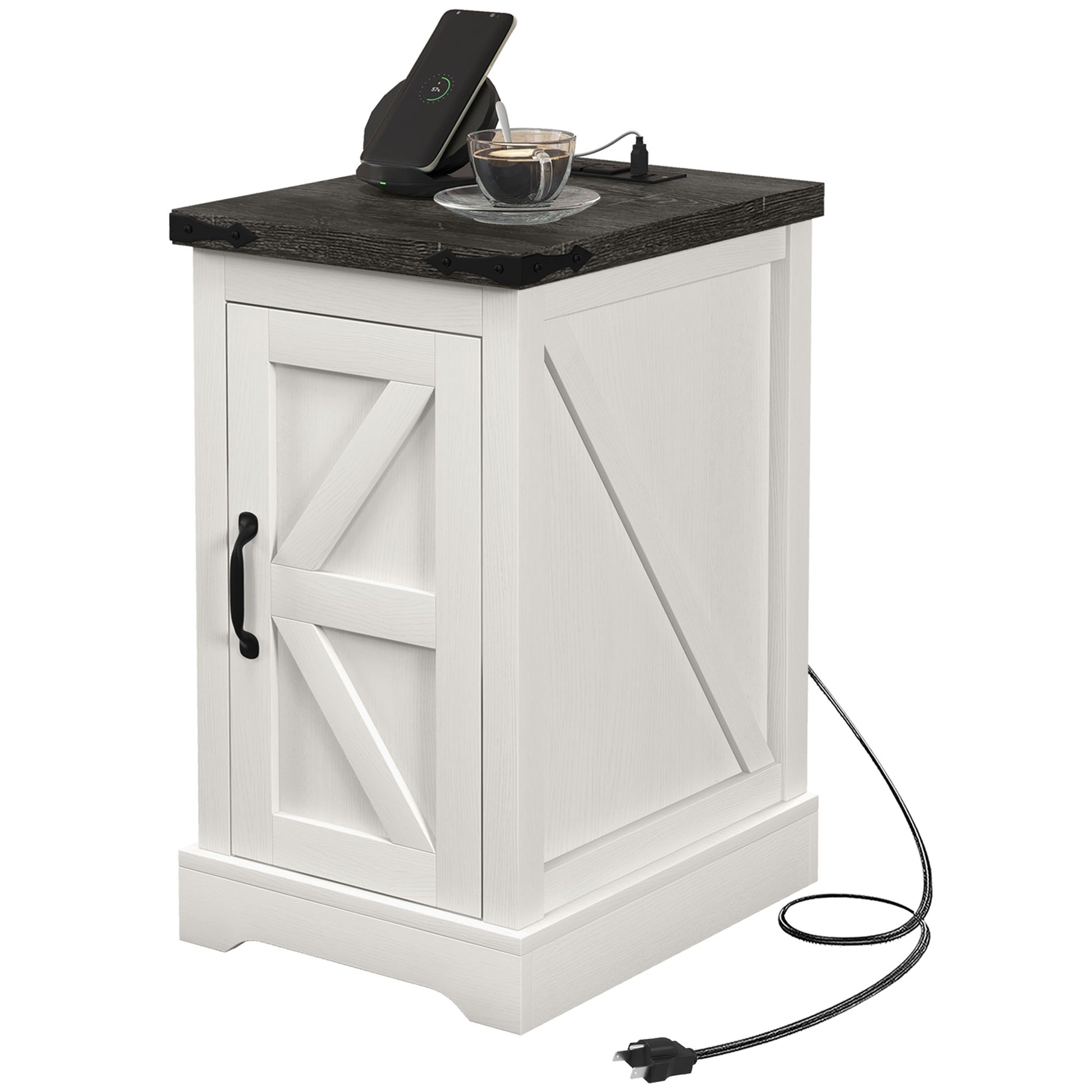 White Farmhouse Side Table with Charging Station