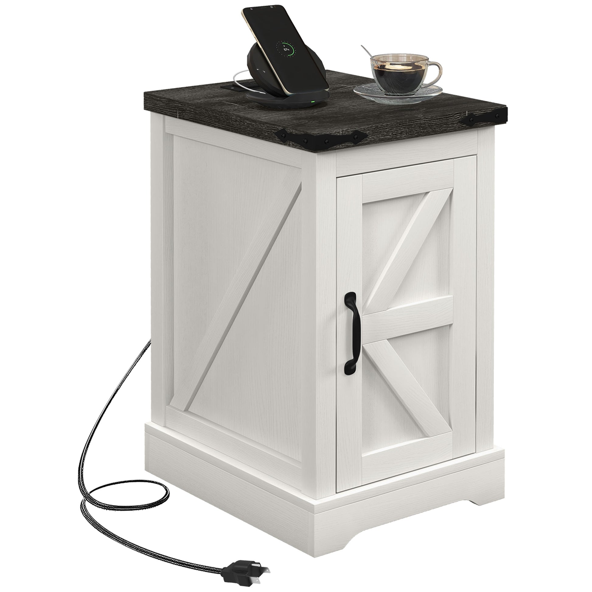 HOMCOM End Table with Charging Station and USB Ports, Farmhouse Side Table with Storage Cabinet for Living Room, Distressed White