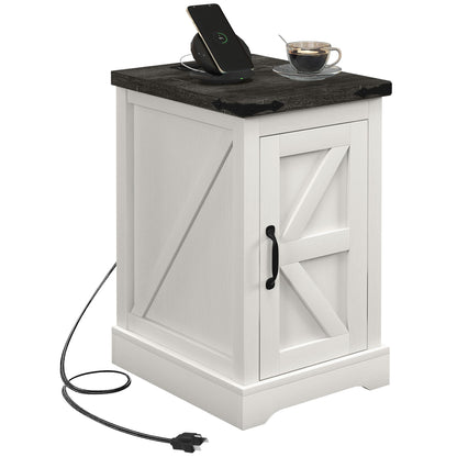 HOMCOM End Table with Charging Station and USB Ports, Farmhouse Side Table with Storage Cabinet for Living Room, Distressed White