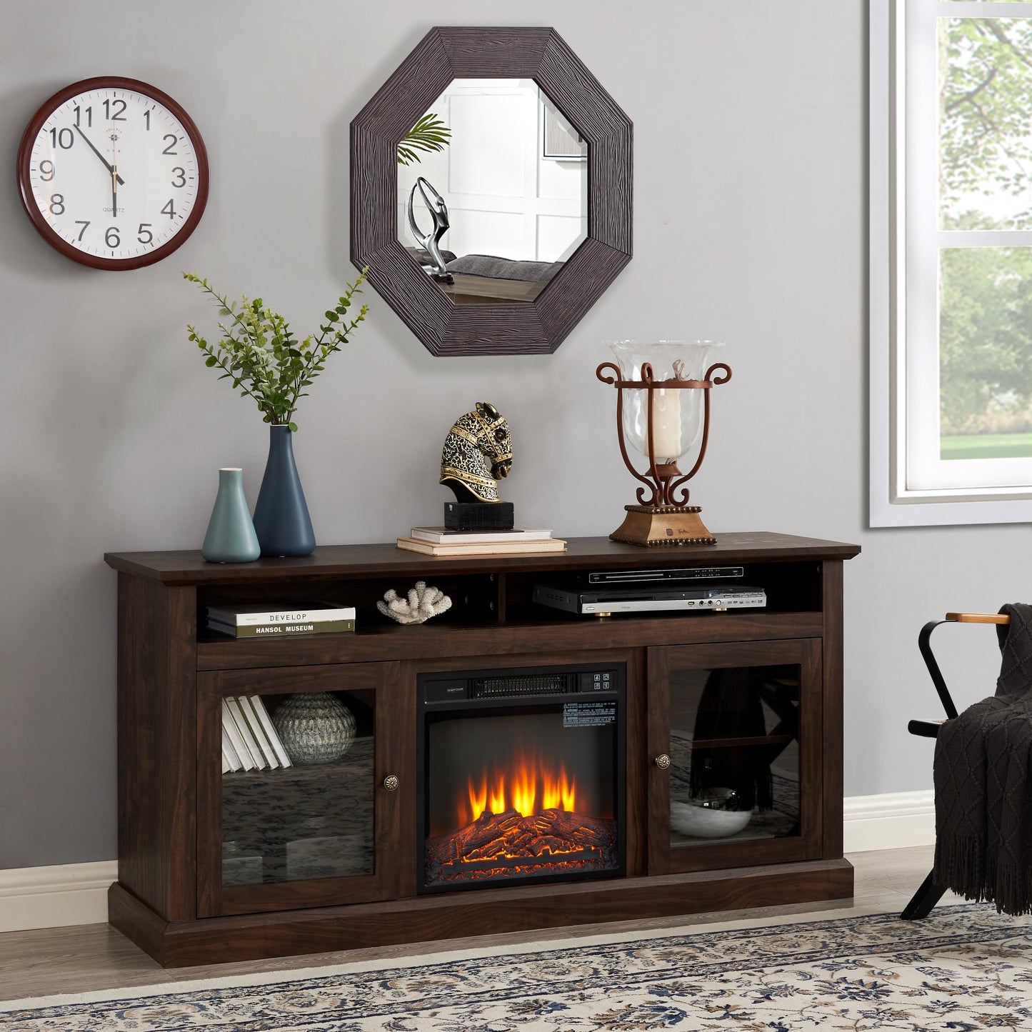 60" Brown TV Stand with Fireplace - Media Console for 65" TVs