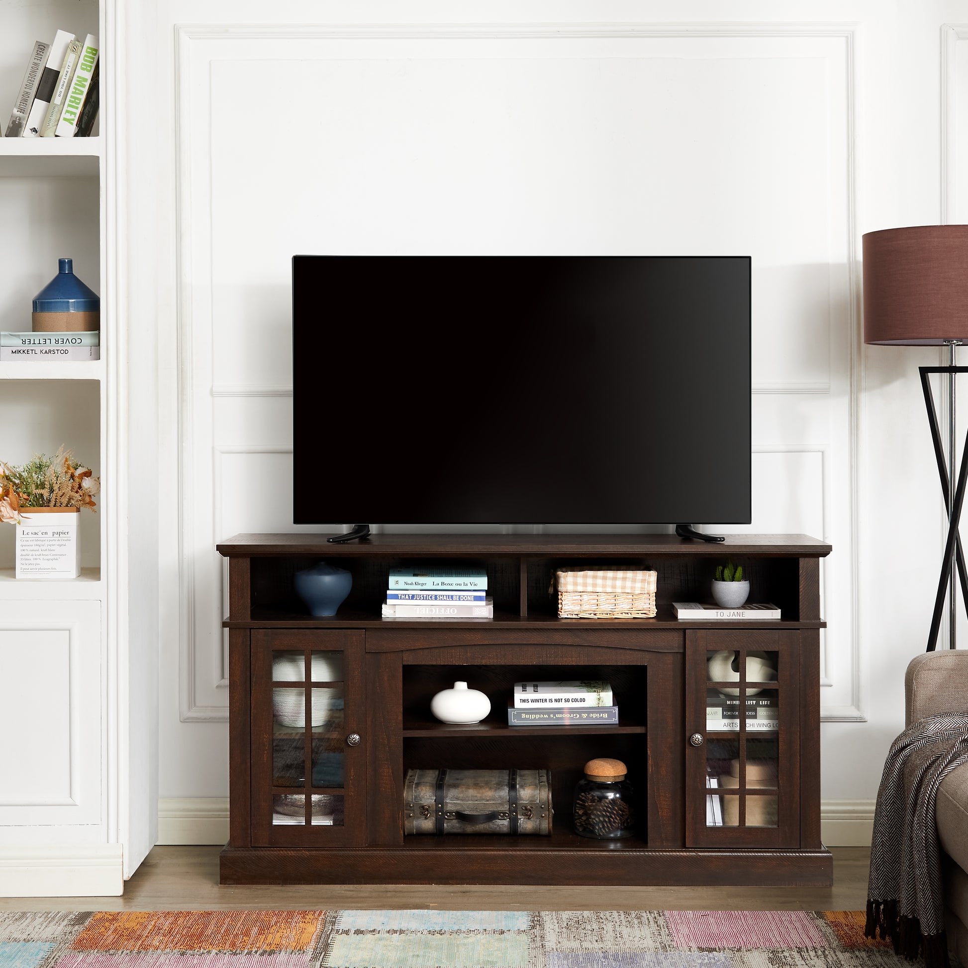 Classic TV Media Stand Modern Entertainment Console for TV Up to 65" with Open and Closed Storage Space, Espresso, 58.25"W*15.75"D*32"H