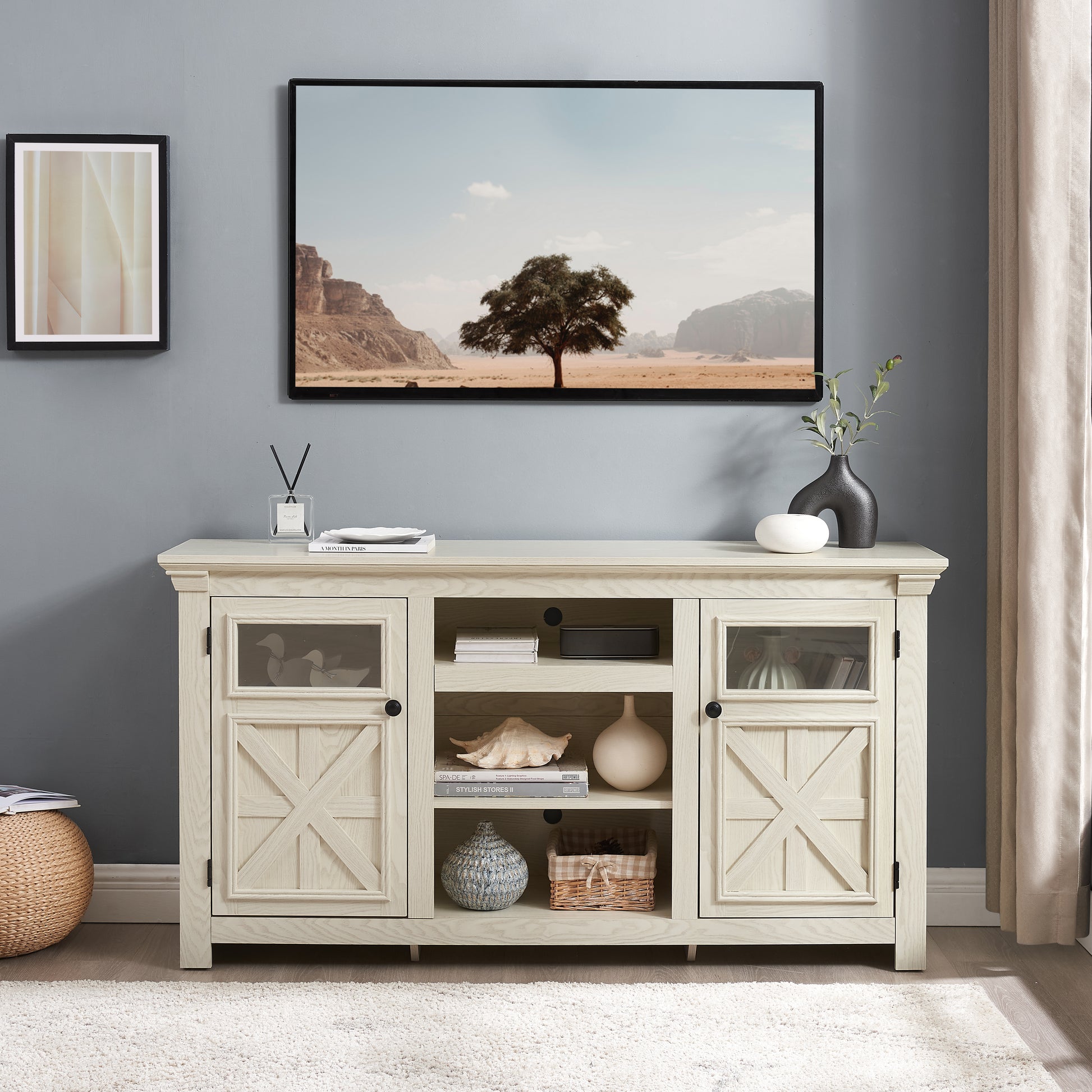 2 Doors Cabinet Farmhouse  Cabinet, Farmhouse TV Stand Barn Design,Modern Farmhouse TV Media Stand, Large Barn Inspired Home Entertainment Console,WHITE, 60.23"W*15.35"D*31.7"H