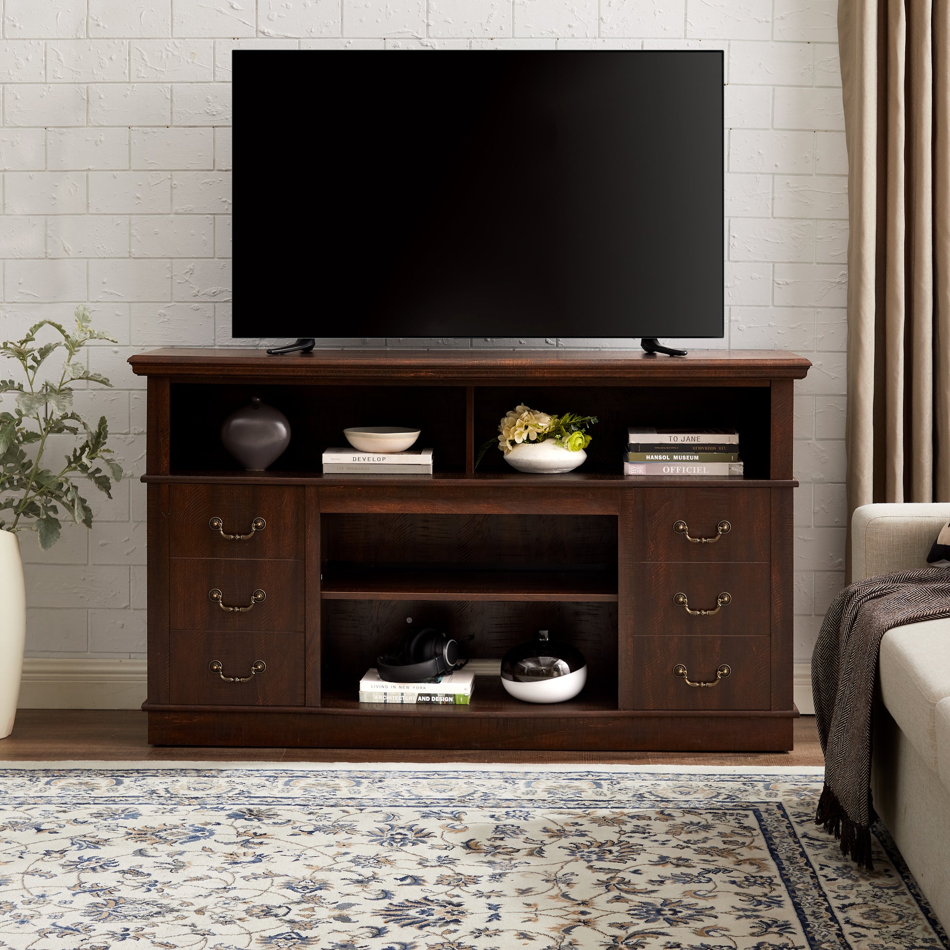 Retro TV Stand with Storage for TVs up to 65'', Mid Century Modern TV Stand & Entertainment Center with Shelf,TV Stand for Media,TV Console Table for Living Room Espresso 60"W*15.75"D*34.25"H