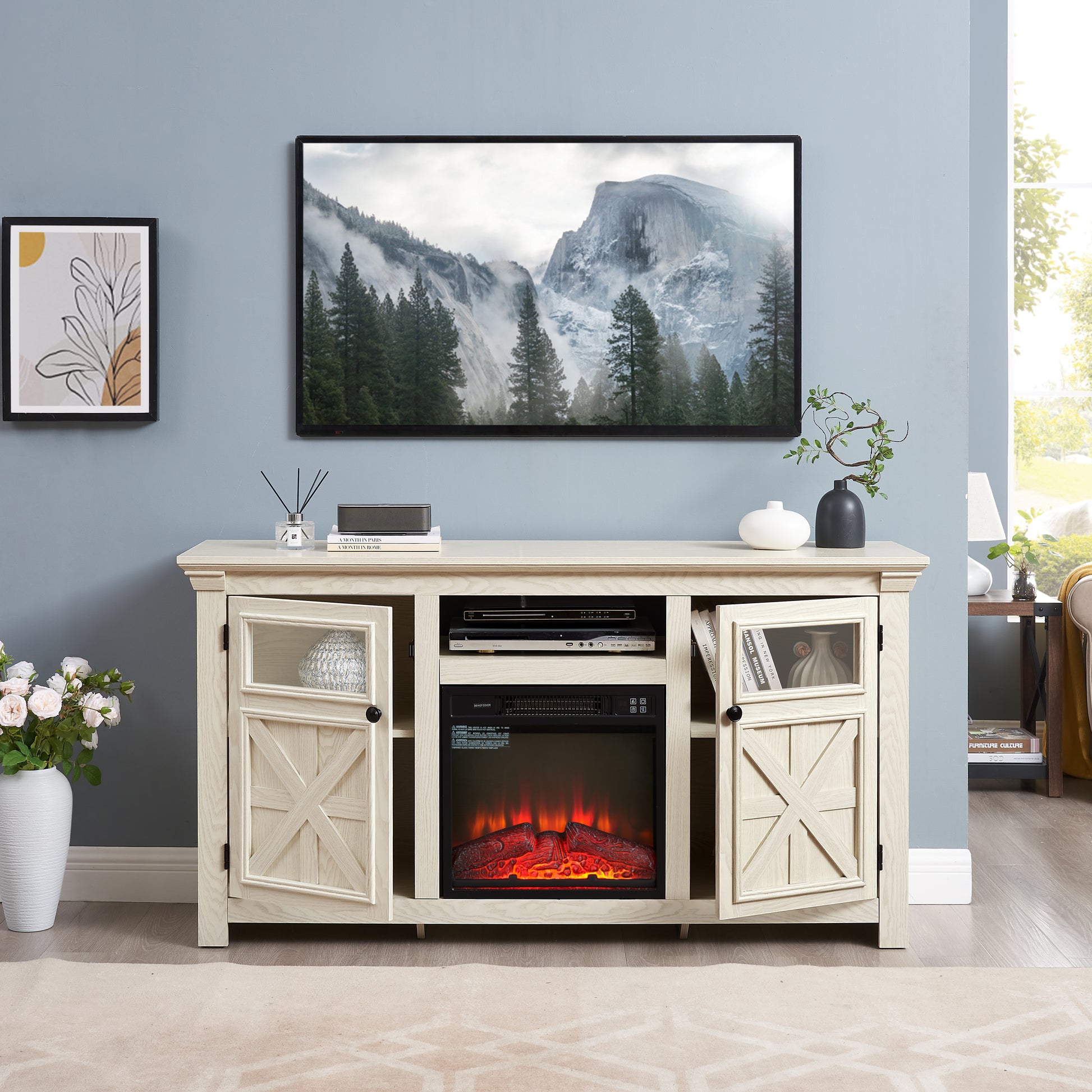 Farmhouse White MDF TV Console with Fireplace Detail for Living Room