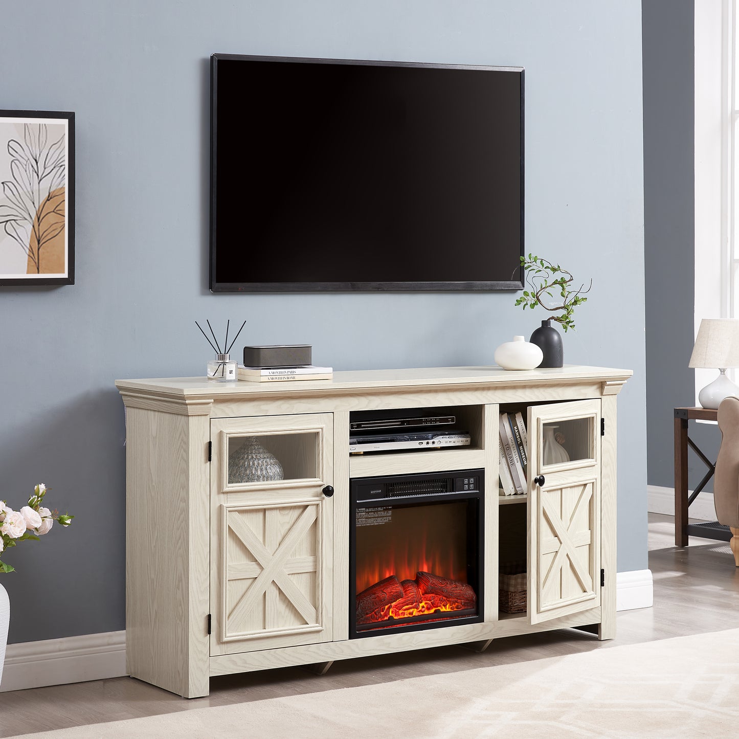 Farmhouse White MDF TV Console with Fireplace Detail for Living Room