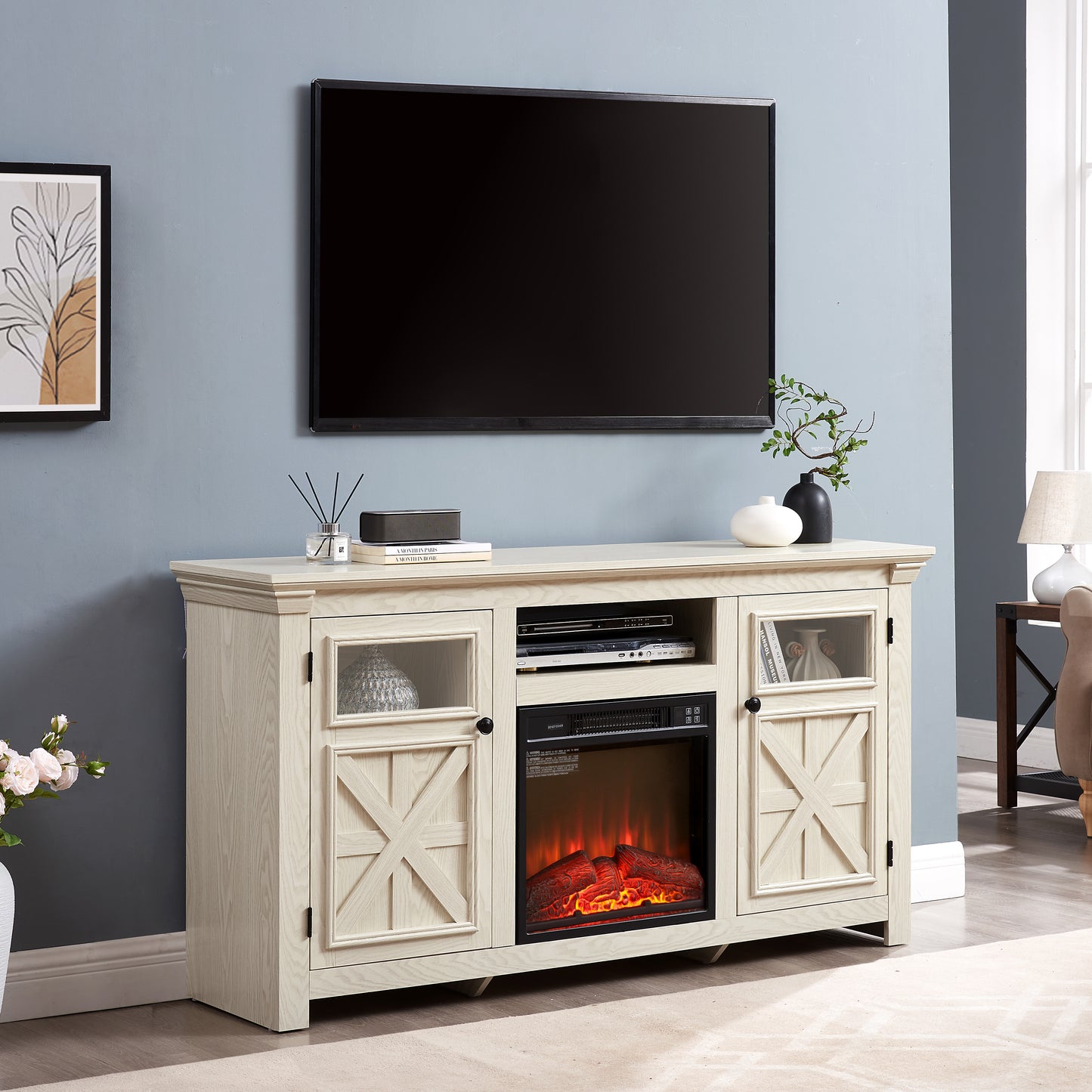 Farmhouse White MDF TV Console with Fireplace Detail for Living Room