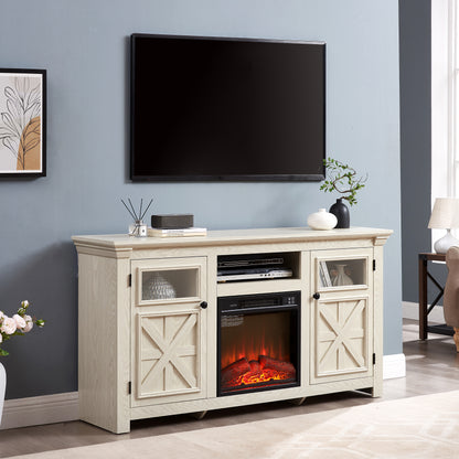Farmhouse White MDF TV Console with Fireplace Detail for Living Room