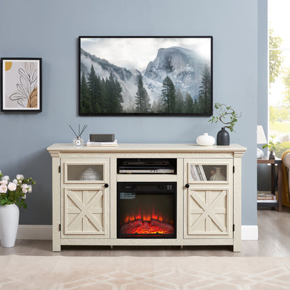 Farmhouse White MDF TV Console with Fireplace Detail for Living Room