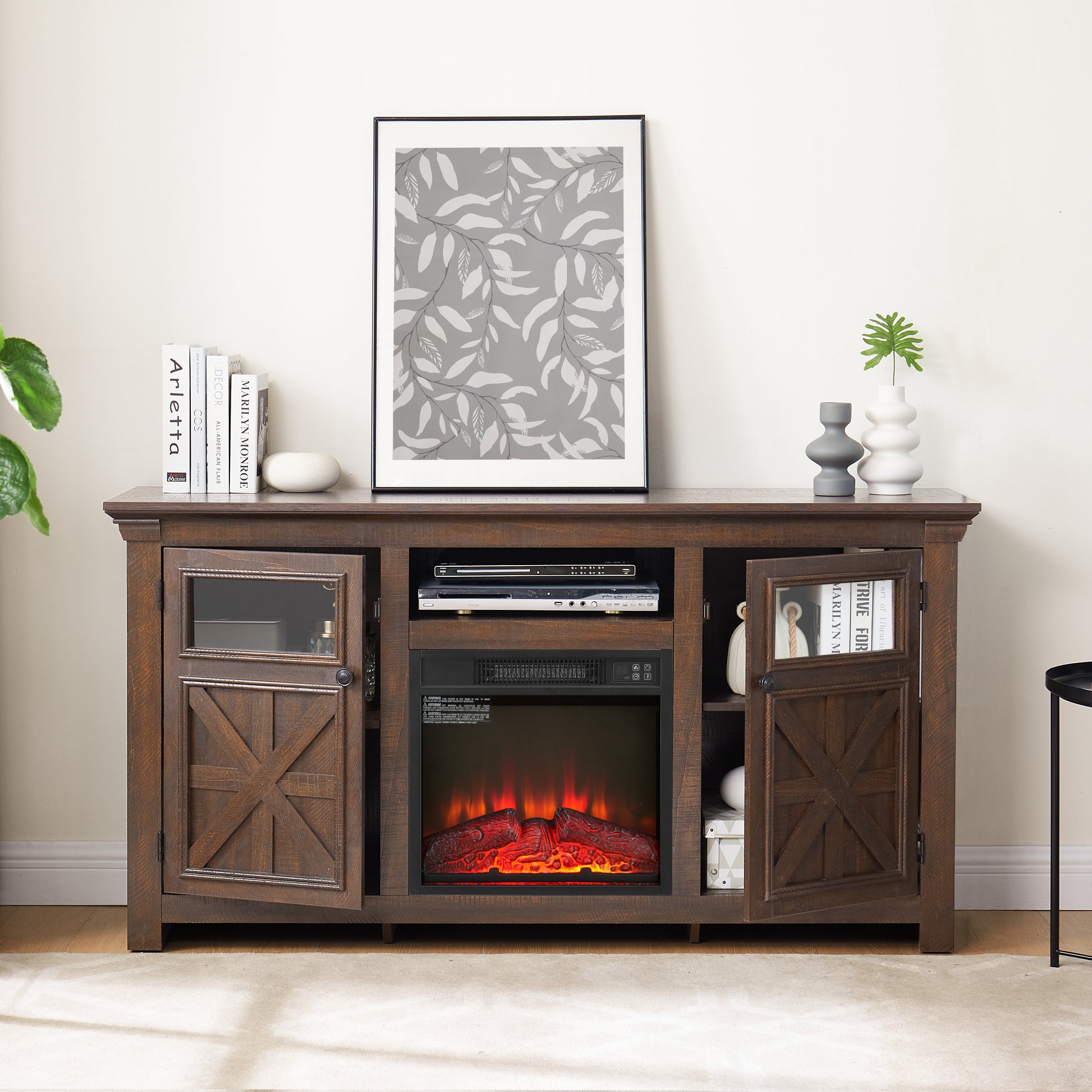 Espresso Farmhouse TV Stand with Fireplace - 60" Media Console for Living Room