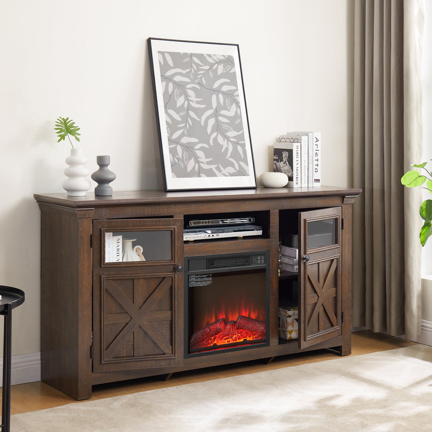 Espresso Farmhouse TV Stand with Fireplace - 60" Media Console for Living Room