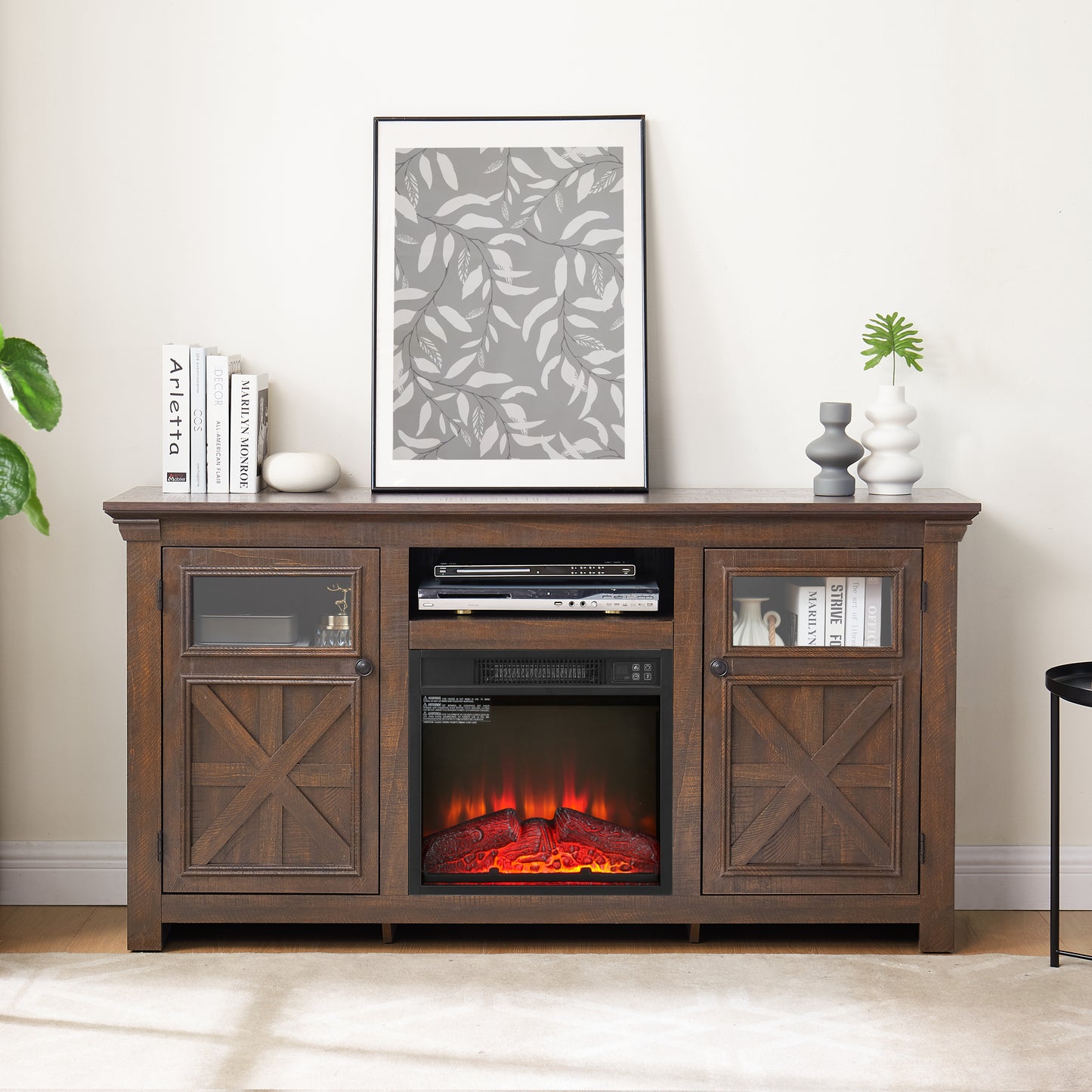2 Doors Cabinet Farmhouse  Cabinet, Farmhouse TV Stand Barn Design,Farmhouse TV Media Stand, Large Barn Inspired Home Entertainment Console with 18" fireplace insert,Espresso,60.23"W*15.35"D*31.7"H
